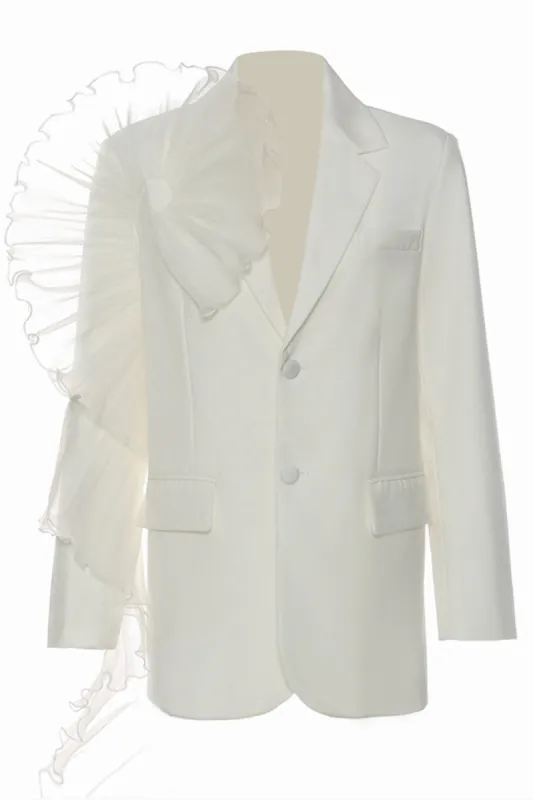 White Notched Lapel Women Blazer with Ruffles sold by Zapaka