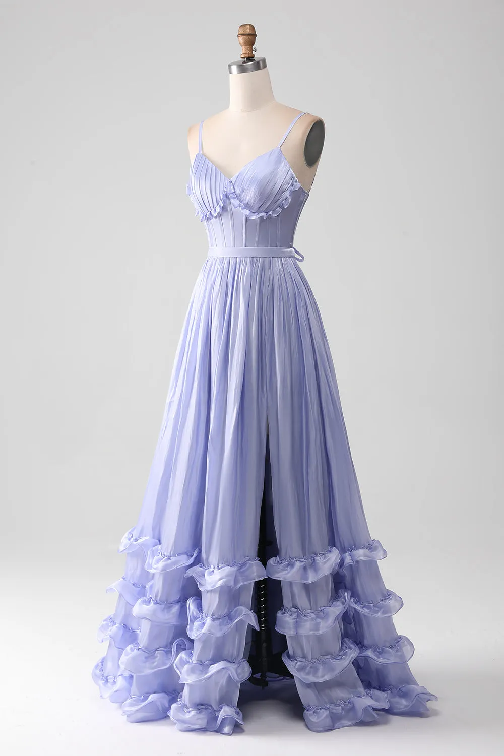 Lavender Spaghetti Straps A Line Ruffles Prom Dress with Slit sold by Zapaka product image thumbnail 3