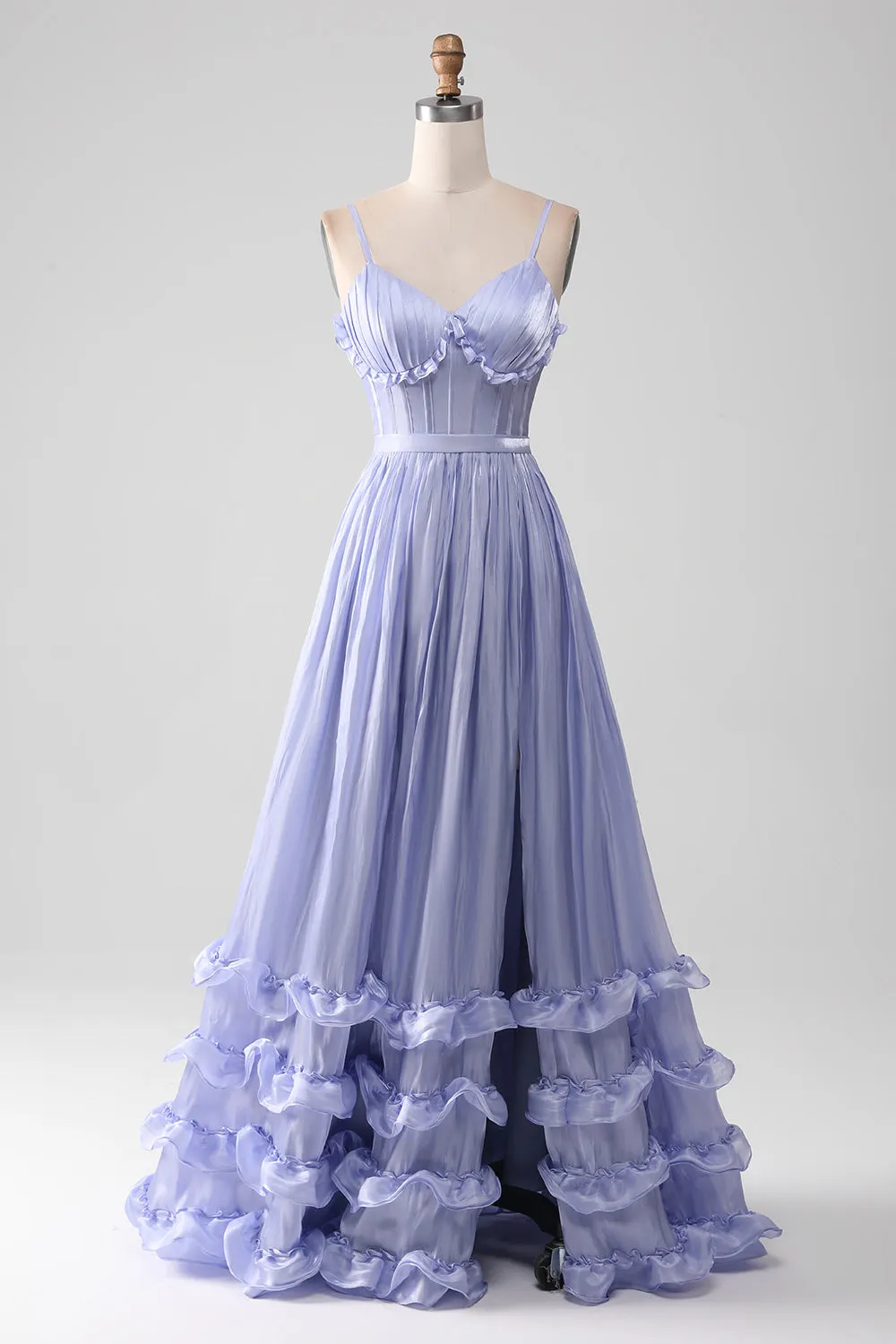 Lavender Spaghetti Straps A Line Ruffles Prom Dress with Slit sold by Zapaka