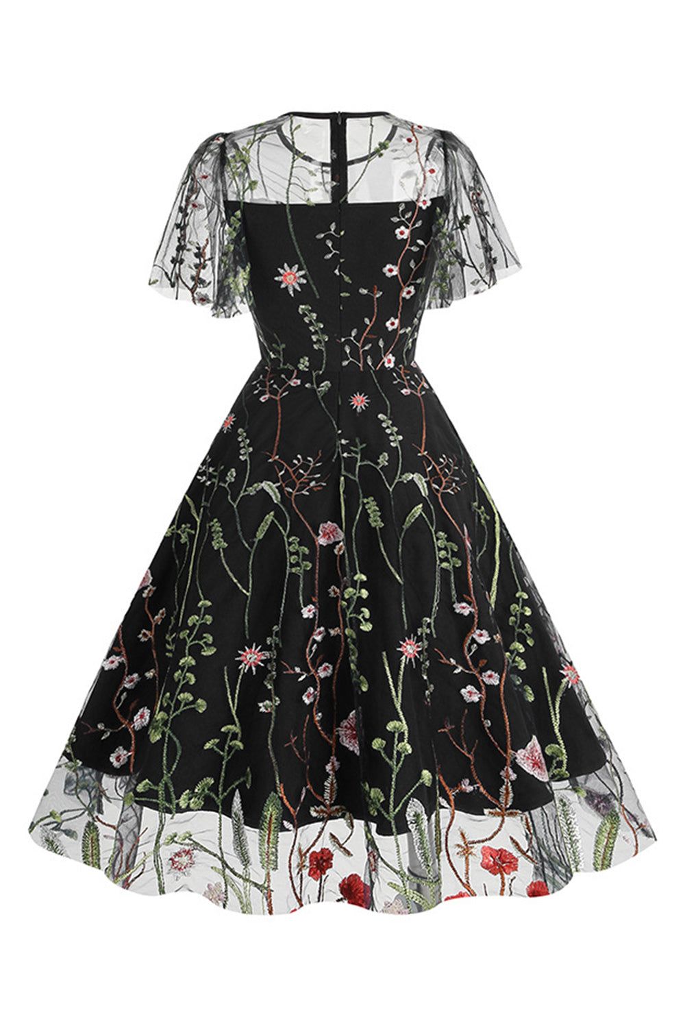 Black Short Sleeves Swing 1950s Dress with Embroidery sold by Zapaka product image thumbnail 2