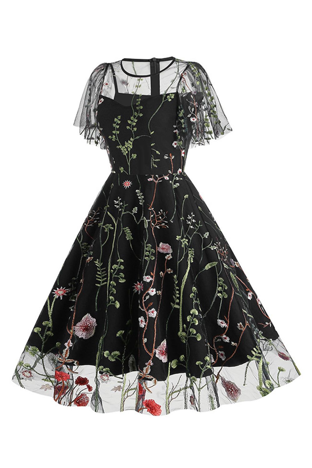 Black Short Sleeves Swing 1950s Dress with Embroidery sold by Zapaka product image thumbnail 3