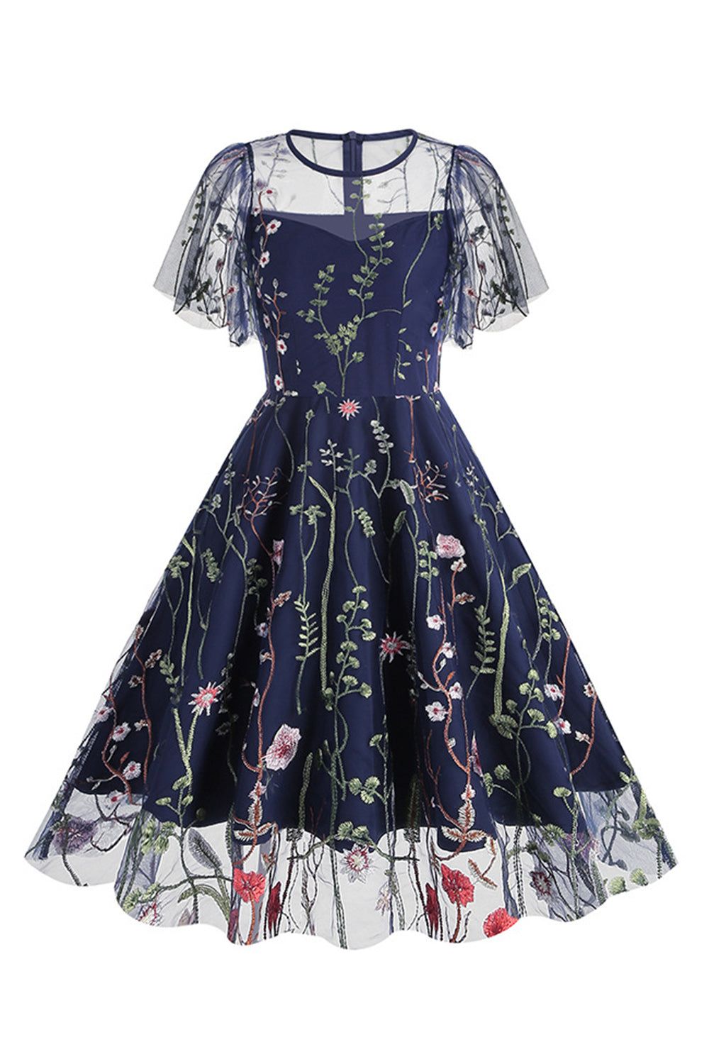 Black Short Sleeves Swing 1950s Dress with Embroidery sold by Zapaka product image thumbnail 4