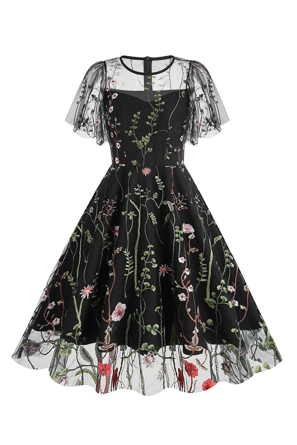 Black Short Sleeves Swing 1950s Dress with Embroidery sold by Zapaka