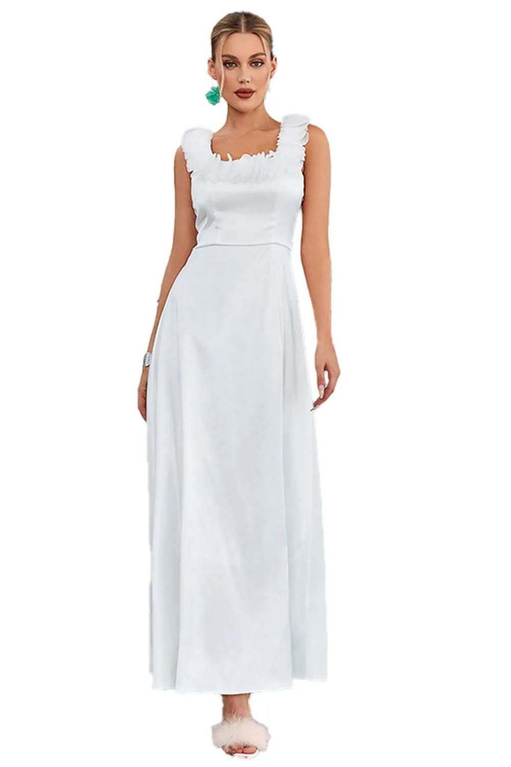 White A-Line Square Neck Long Prom Dress sold by Zapaka product image thumbnail 5