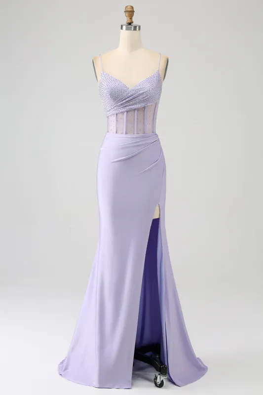 Glitter Lilac Corset Mermaid Long Prom Dress with Slit sold by Zapaka