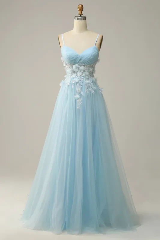 A Line Spaghetti Straps Sky Blue Prom Dress with Appliques sold by Zapaka