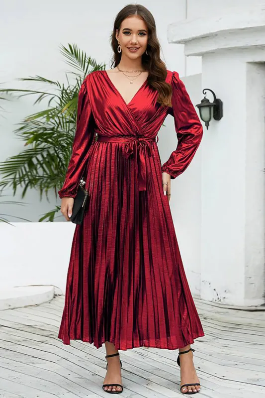 Burgundy Sparkly A Line V-Neck Party Dress sold by Zapaka