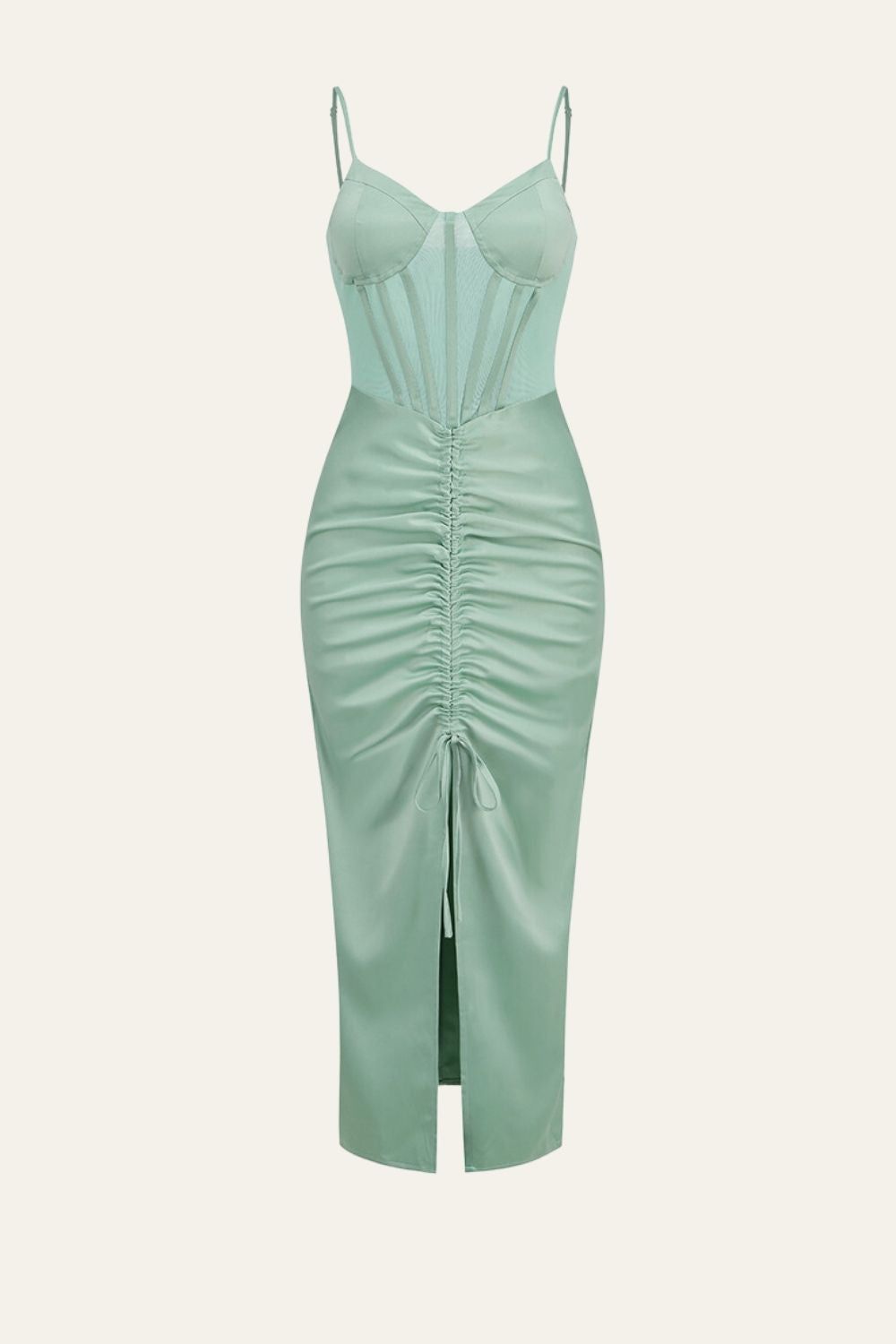 Green Spaghetti Straps Drawstring Pleated Corset Cocktail Party Dress with Slit sold by Zapaka