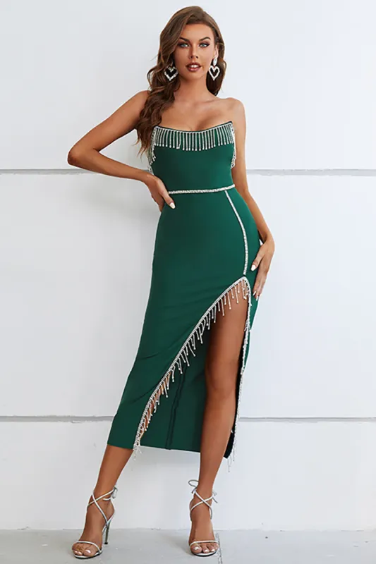 Dark Green Strapless Semi Formal Dress with Slit sold by Zapaka