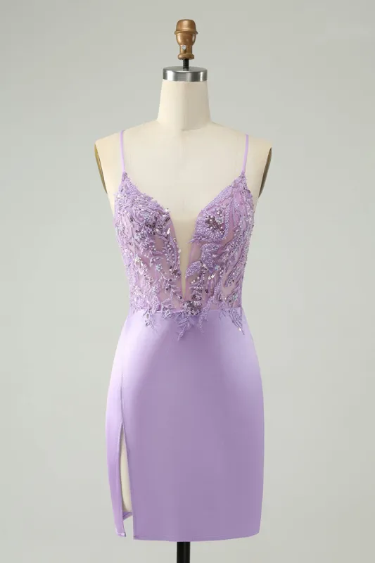 Glitter Purple V Neck Tight Sequined Appliques Homecoming Dress sold by Zapaka