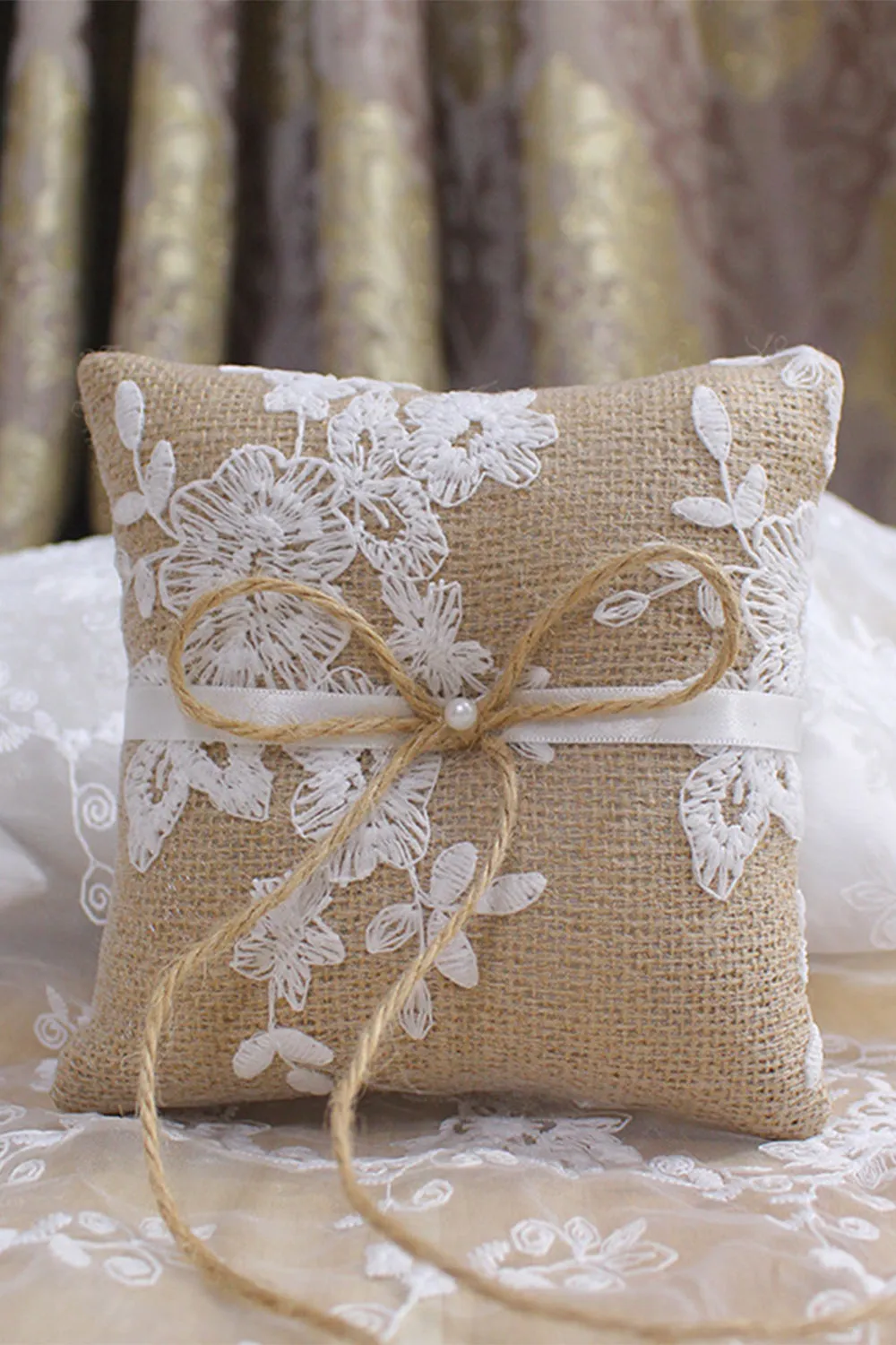 Grey Linen Lace Bowknot Ring Bearer Pillow sold by Zapaka product image thumbnail 4