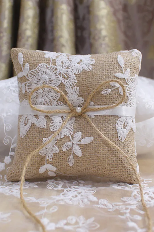 Grey Linen Lace Bowknot Ring Bearer Pillow sold by Zapaka