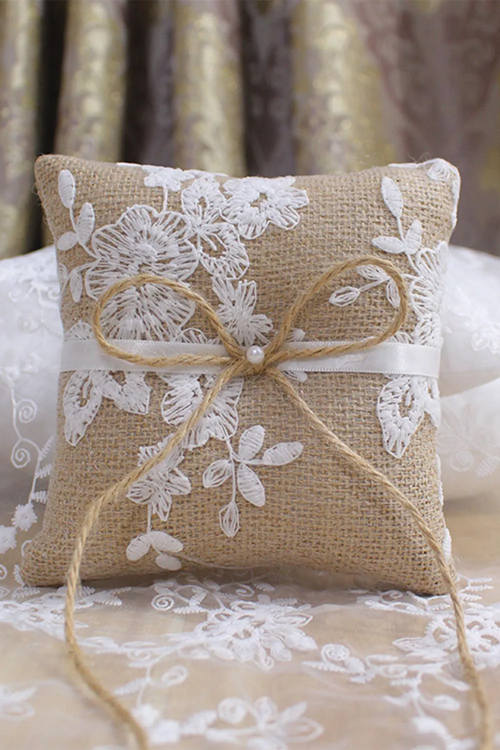 Grey Linen Lace Bowknot Ring Bearer Pillow sold by Zapaka