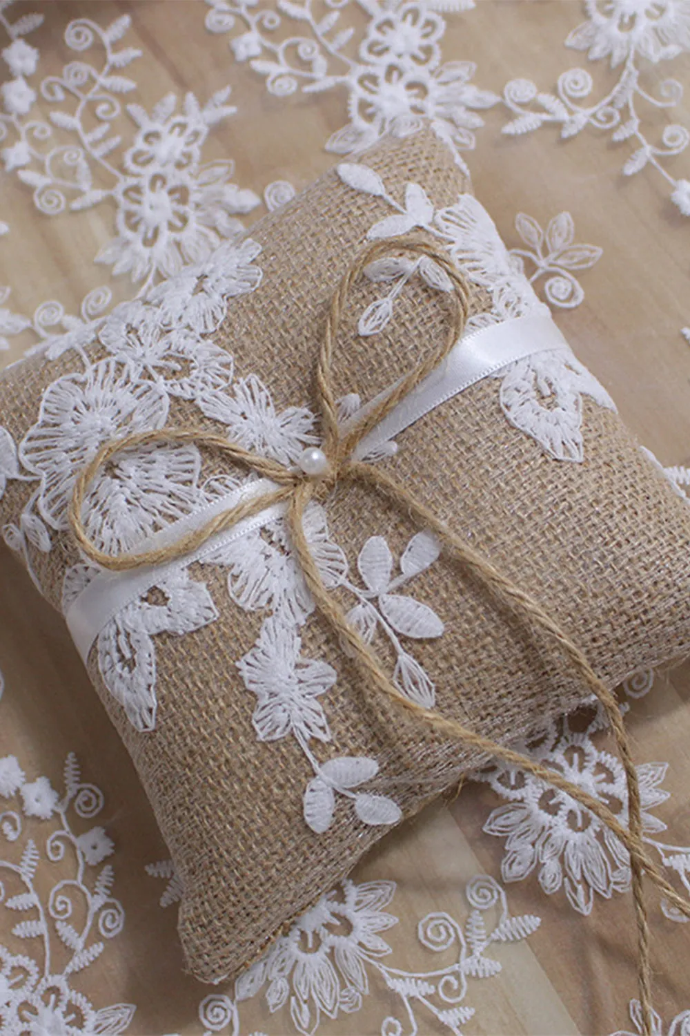 Grey Linen Lace Bowknot Ring Bearer Pillow sold by Zapaka product image thumbnail 5