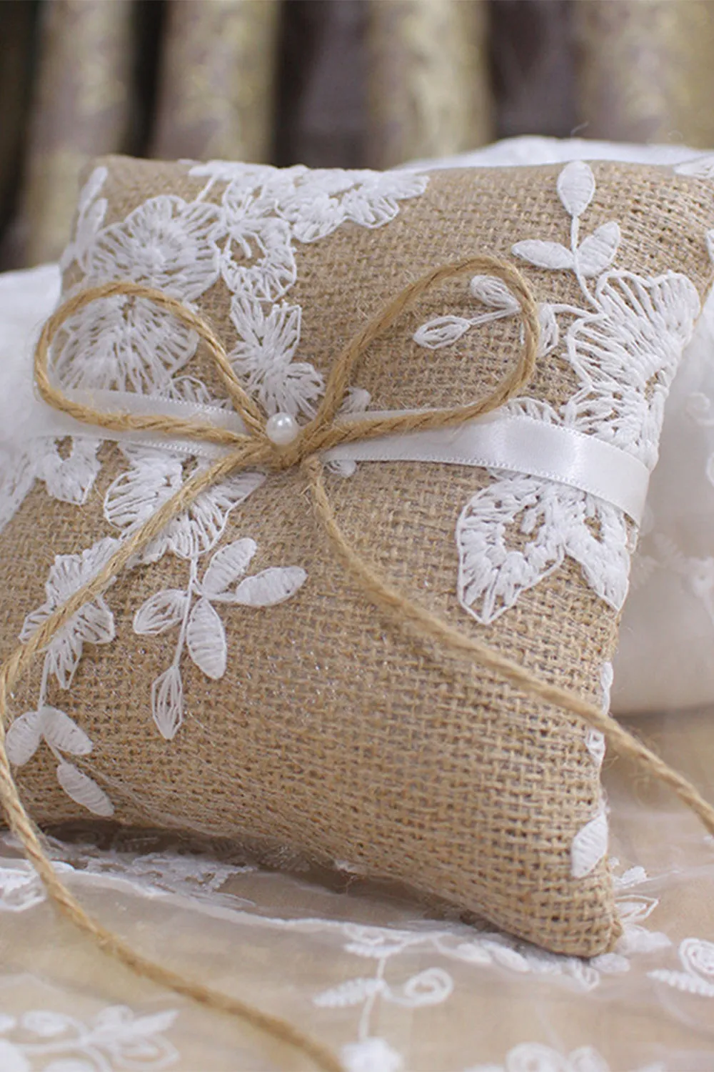 Grey Linen Lace Bowknot Ring Bearer Pillow sold by Zapaka product image thumbnail 2