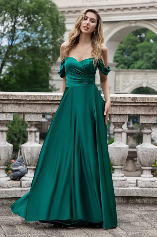 Dark Green A Line Off the Shouder Satin Long Bridesmaid Dress sold by Zapaka