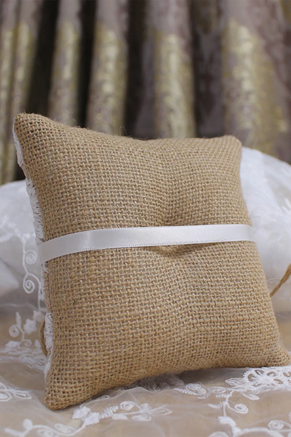 Grey Linen Lace Bowknot Ring Bearer Pillow sold by Zapaka product image thumbnail 3