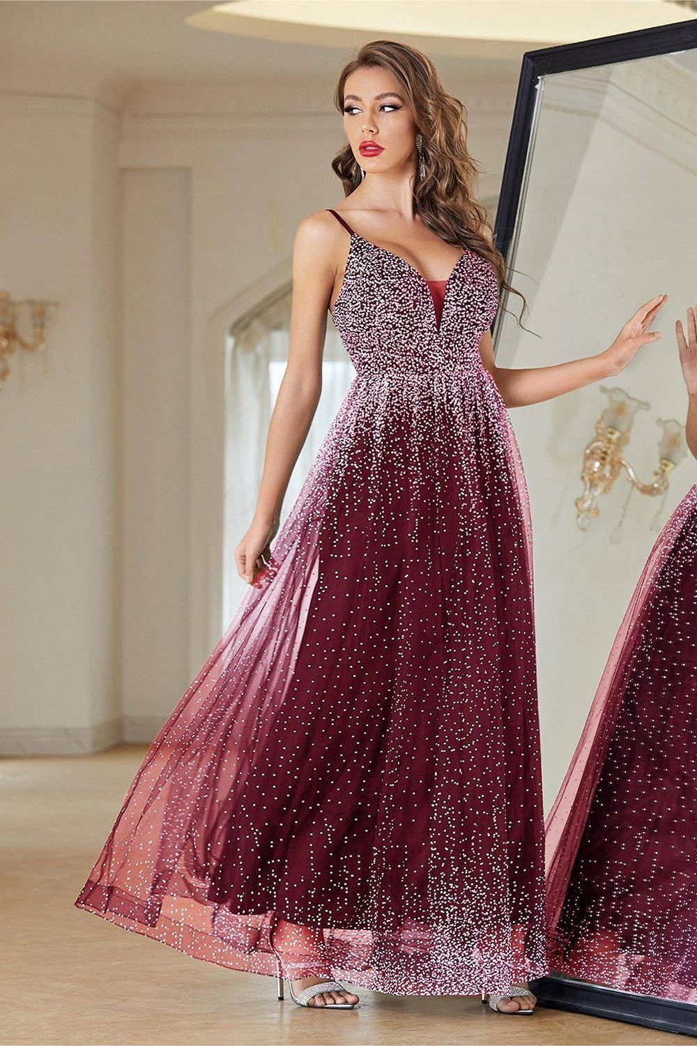 Burgundy A-Line Spaghetti Straps Beaded Prom Dress sold by Zapaka product image thumbnail 3