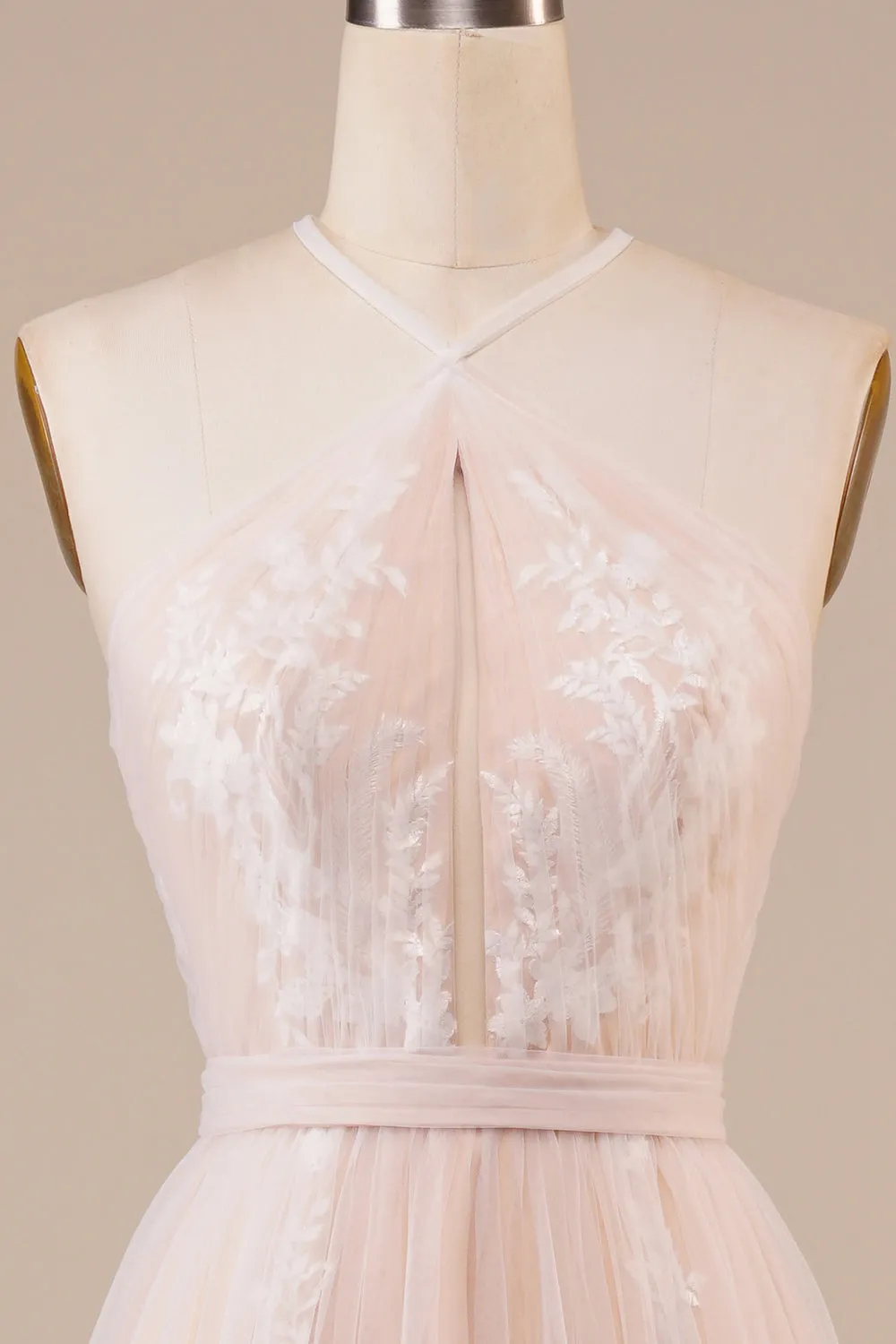 Tulle Halter Keyhole Champagne Wedding Dress with Appliques sold by Zapaka product image thumbnail 4