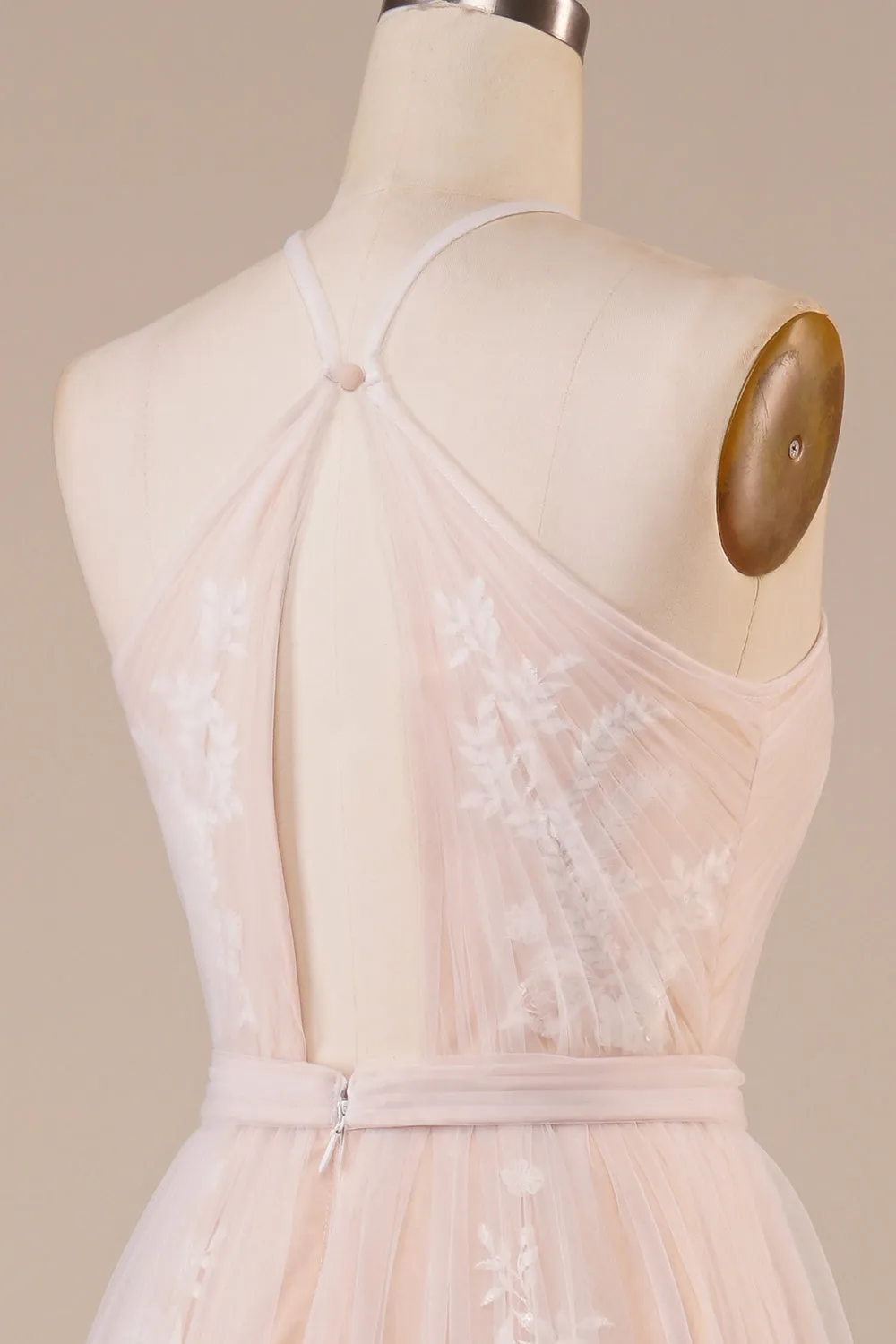 Tulle Halter Keyhole Champagne Wedding Dress with Appliques sold by Zapaka product image thumbnail 5