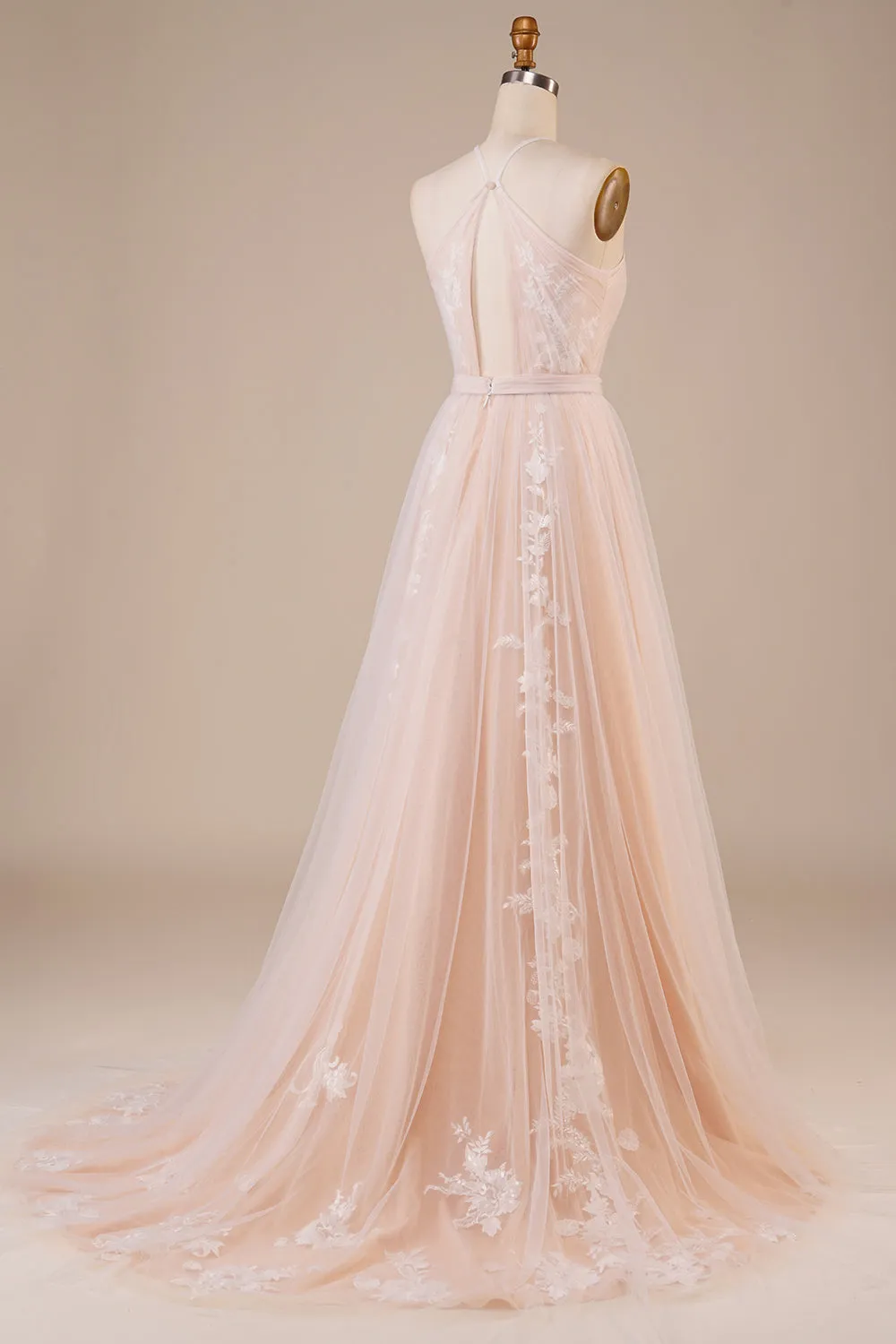 Tulle Halter Keyhole Champagne Wedding Dress with Appliques sold by Zapaka product image thumbnail 2