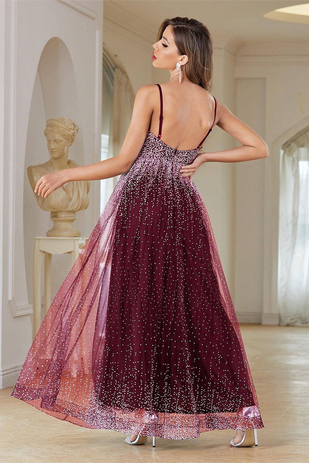 Burgundy A-Line Spaghetti Straps Beaded Prom Dress sold by Zapaka product image thumbnail 2