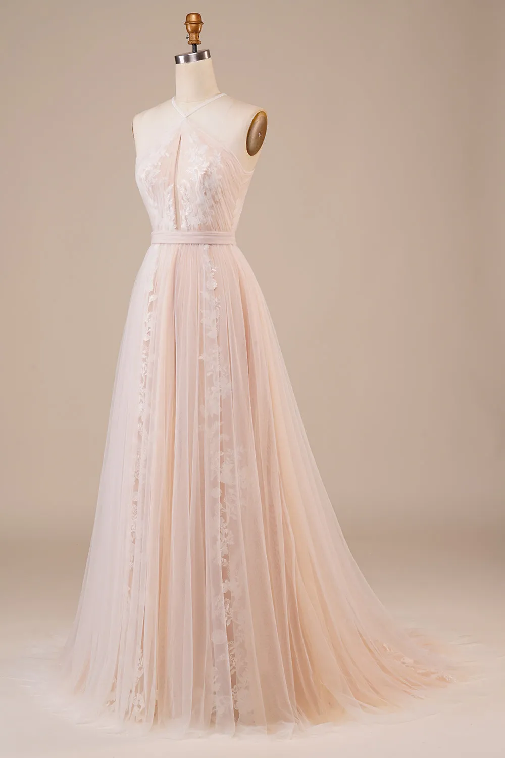 Tulle Halter Keyhole Champagne Wedding Dress with Appliques sold by Zapaka product image thumbnail 3
