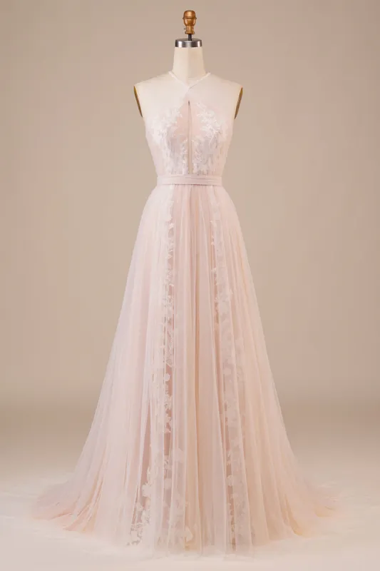 Tulle Halter Keyhole Champagne Wedding Dress with Appliques sold by Zapaka