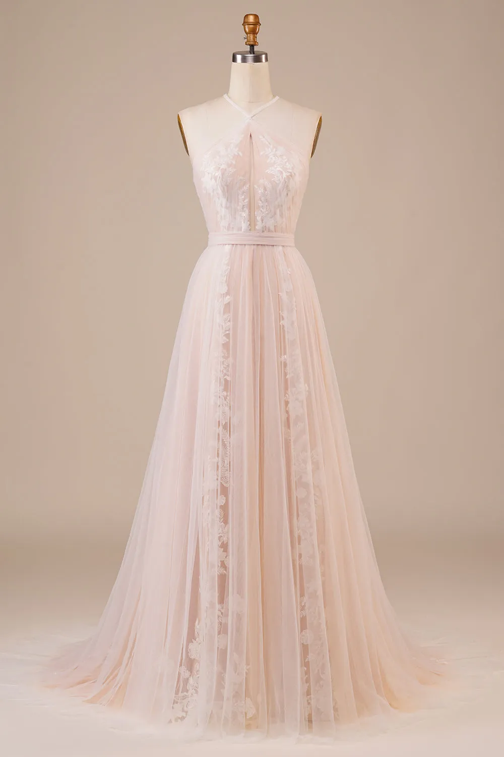 Tulle Halter Keyhole Champagne Wedding Dress with Appliques sold by Zapaka
