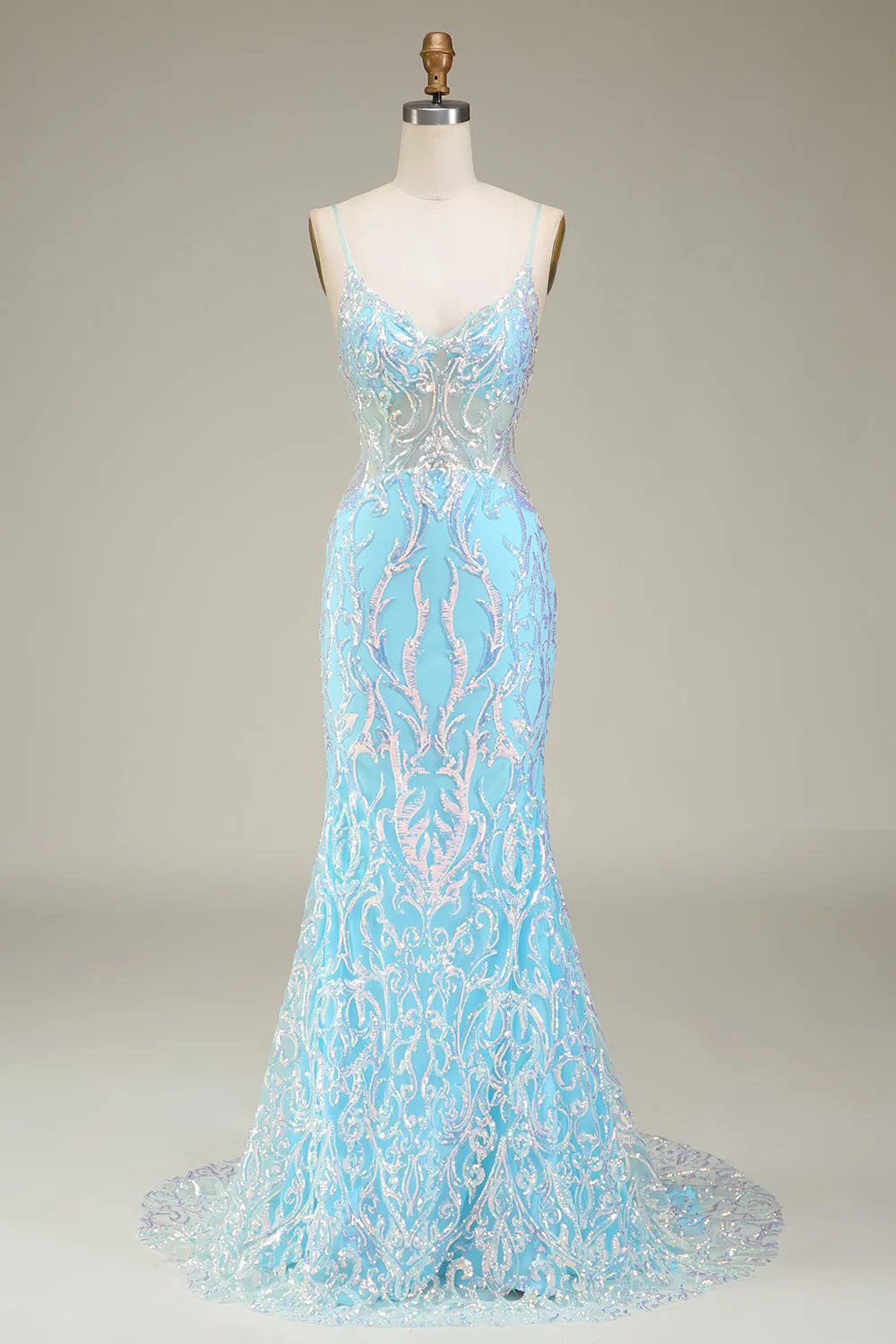Blue Spaghetti Straps Sparkly Mermaid Prom Dress sold by Zapaka