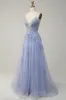 Spaghetti Straps A Line Light Purple Long Prom Dress with Criss Cross Back sold by Zapaka