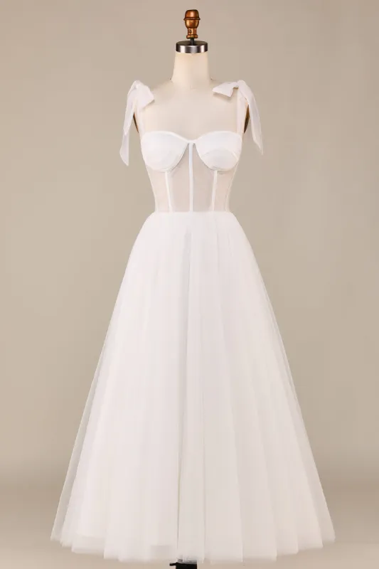 Ivory A-Line Tea-Length Tulle Corset Wedding Dress sold by Zapaka