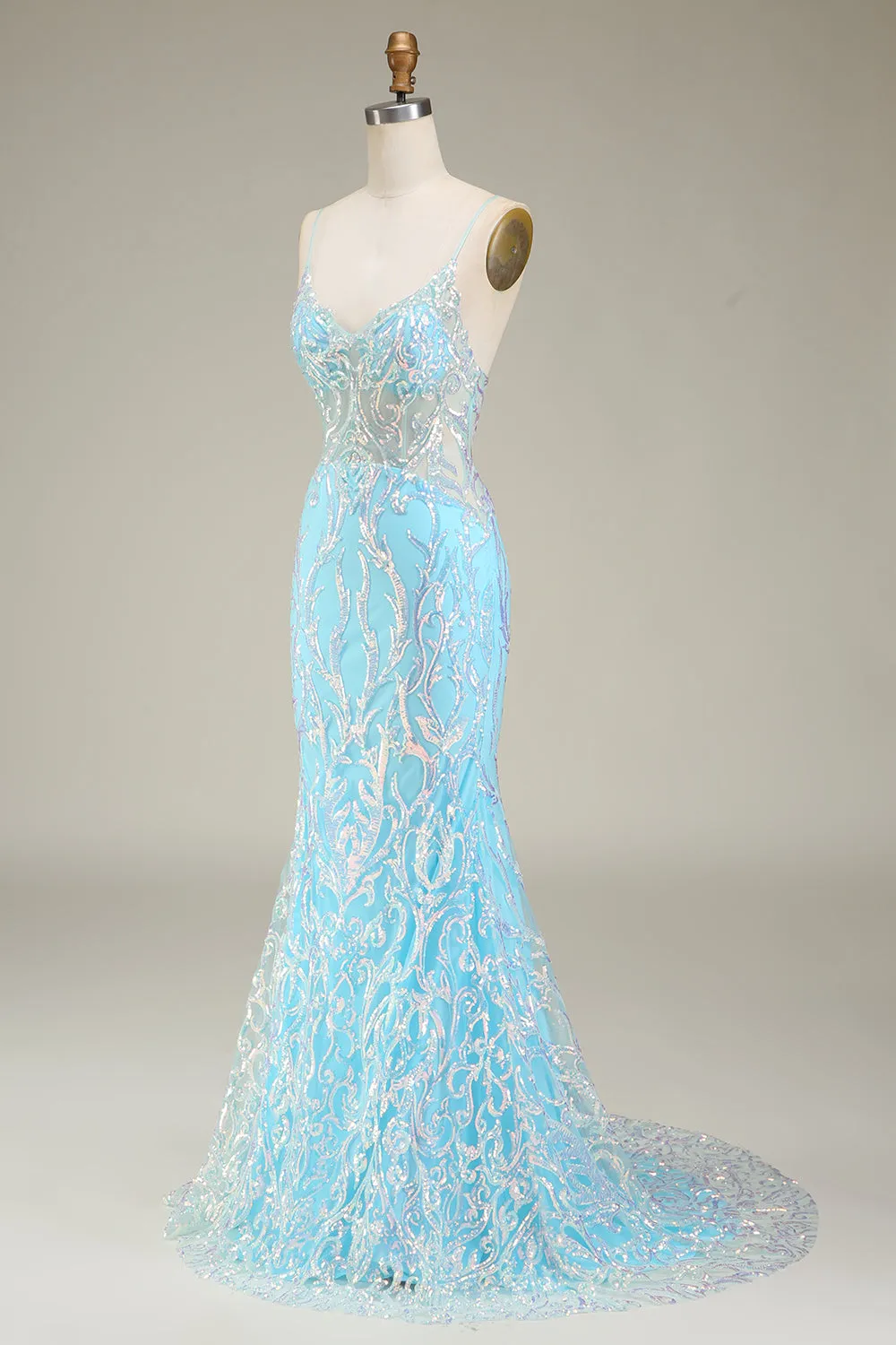 Blue Spaghetti Straps Sparkly Mermaid Prom Dress sold by Zapaka product image thumbnail 3
