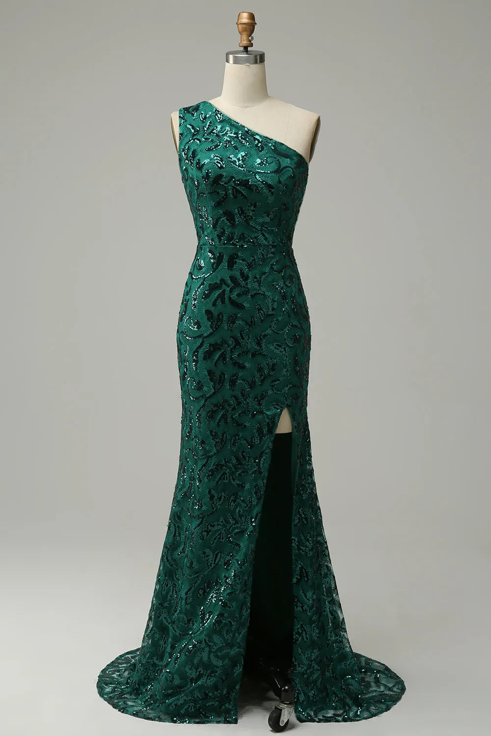 Mermaid One Shoulder Dark Green Sequins Long Prom Dress with Split Front sold by Zapaka
