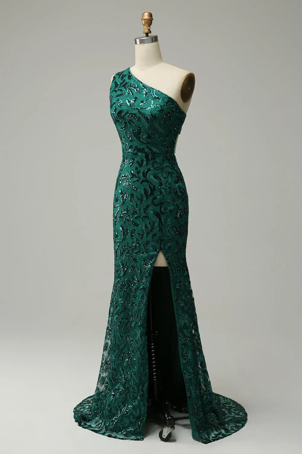 Mermaid One Shoulder Dark Green Sequins Long Prom Dress with Split Front sold by Zapaka product image thumbnail 3