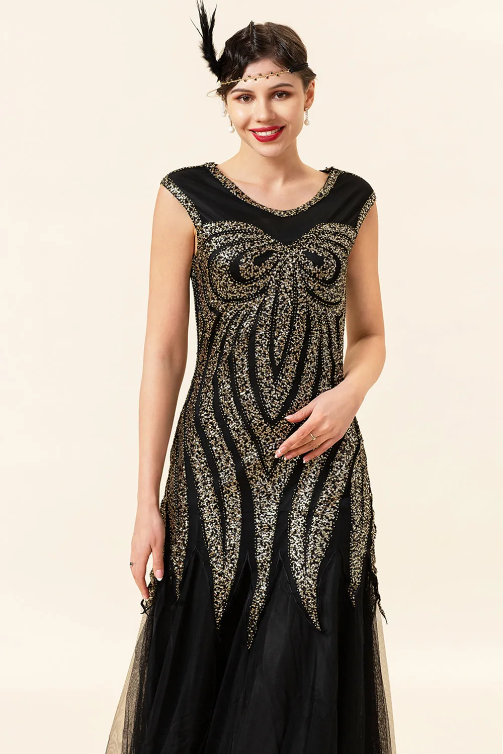 Black Sequins Tulle Flapper Dress with 1920s Accessories Set sold by Zapaka product image thumbnail 4