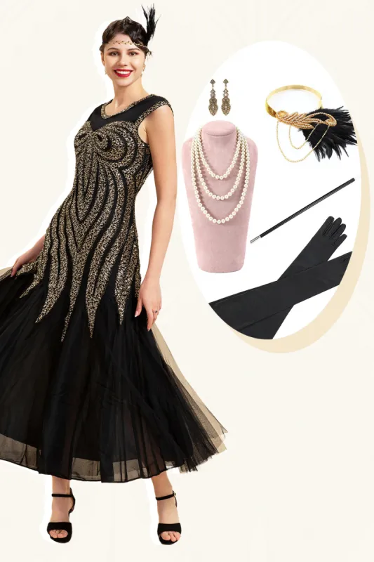 Black Sequins Tulle Flapper Dress with 1920s Accessories Set sold by Zapaka