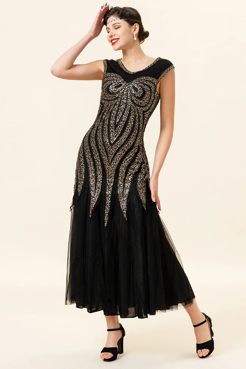 Black Sequins Tulle Flapper Dress with 1920s Accessories Set sold by Zapaka product image thumbnail 5
