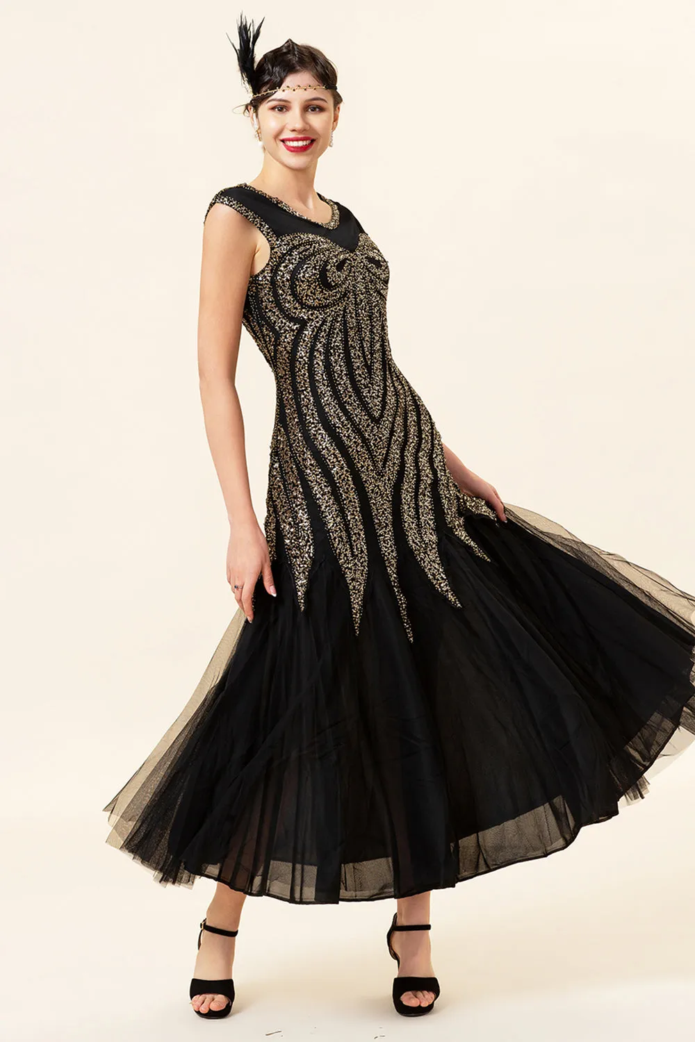 Black Sequins Tulle Flapper Dress with 1920s Accessories Set sold by Zapaka product image thumbnail 2