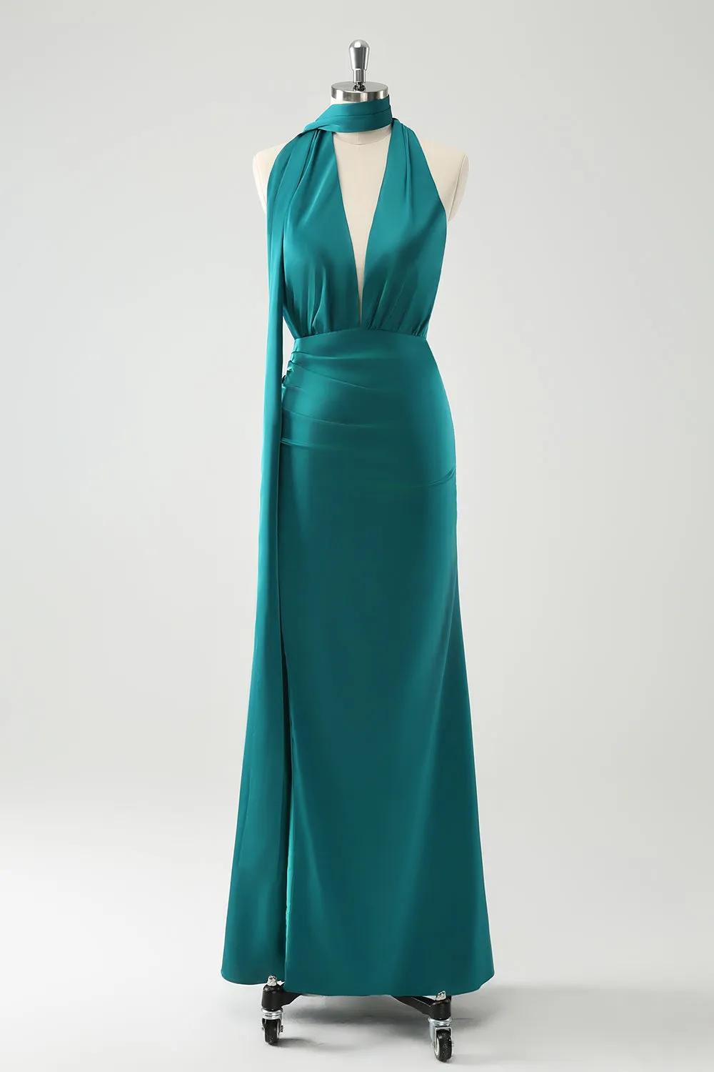 Peacock Sheath V-Neck Backless Wedding Guest Dress with Slit sold by Zapaka
