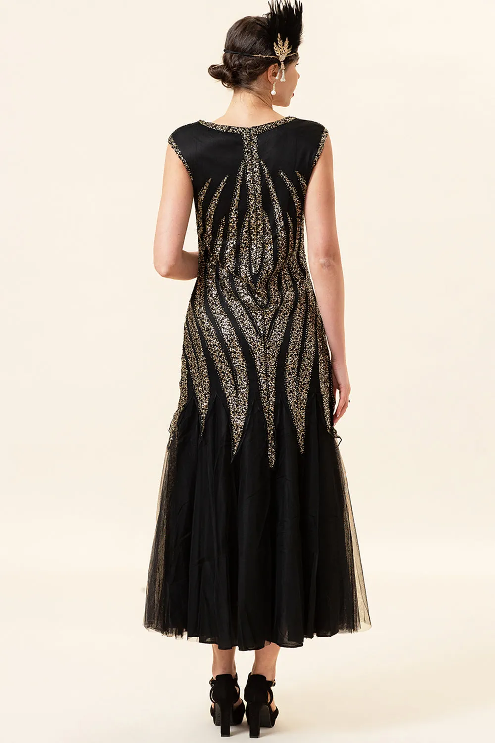 Black Sequins Tulle Flapper Dress with 1920s Accessories Set sold by Zapaka product image thumbnail 3