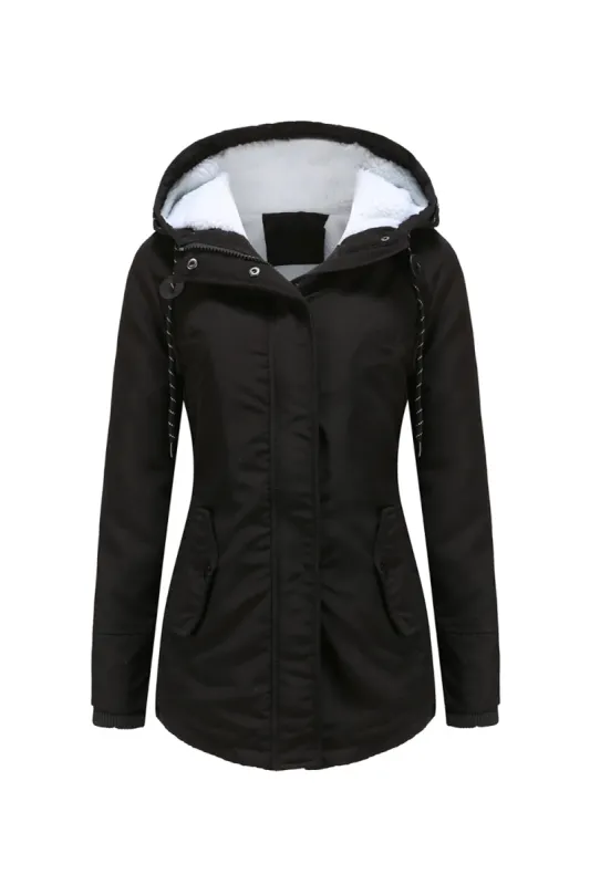 Winter Black Hooded Drawstring ZipperThickened Padded Jacket sold by Zapaka