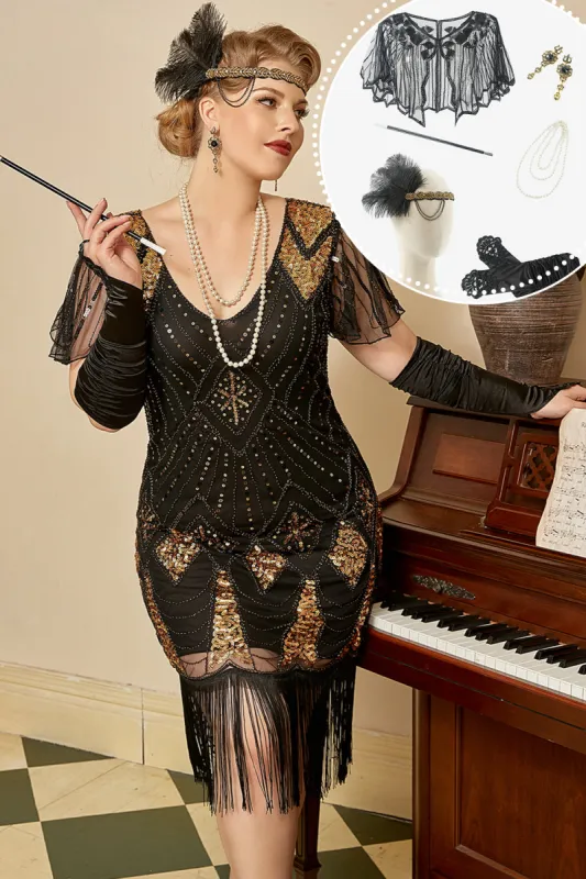 Black Golden Cap Sleeves 1920s Dress with 20s Accessories Set sold by Zapaka