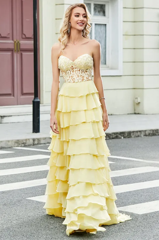 Gorgeous A Line Sweetheart Yellow Corset Prom Dress with Appliques Ruffles sold by Zapaka