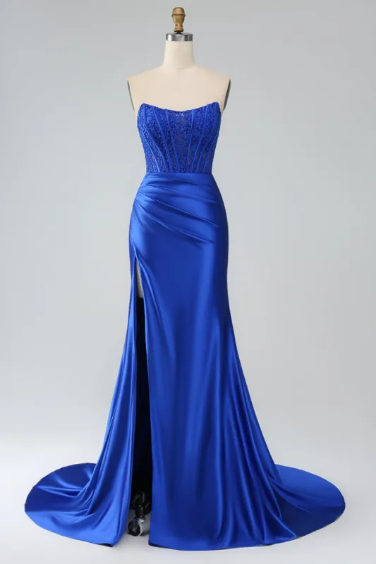 Royal Blue Mermaid Strapless Long Corset Prom Dress with Slit sold by Zapaka