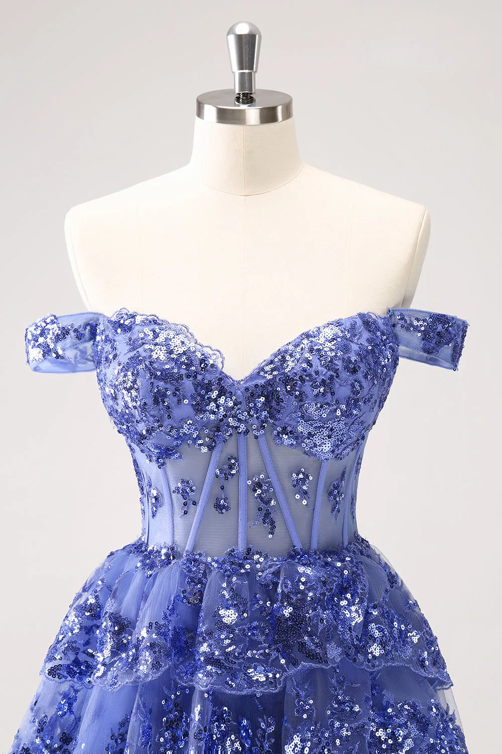 Sparkly A Line Off the Shoulder Dark Blue Corset Homecoming Dress with Ruffles sold by Zapaka product image thumbnail 4