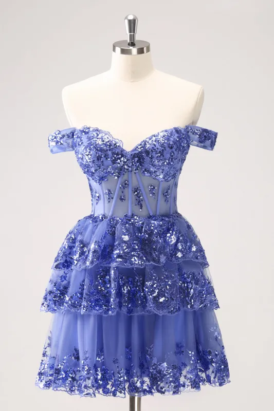 Sparkly A Line Off the Shoulder Dark Blue Corset Homecoming Dress with Ruffles sold by Zapaka