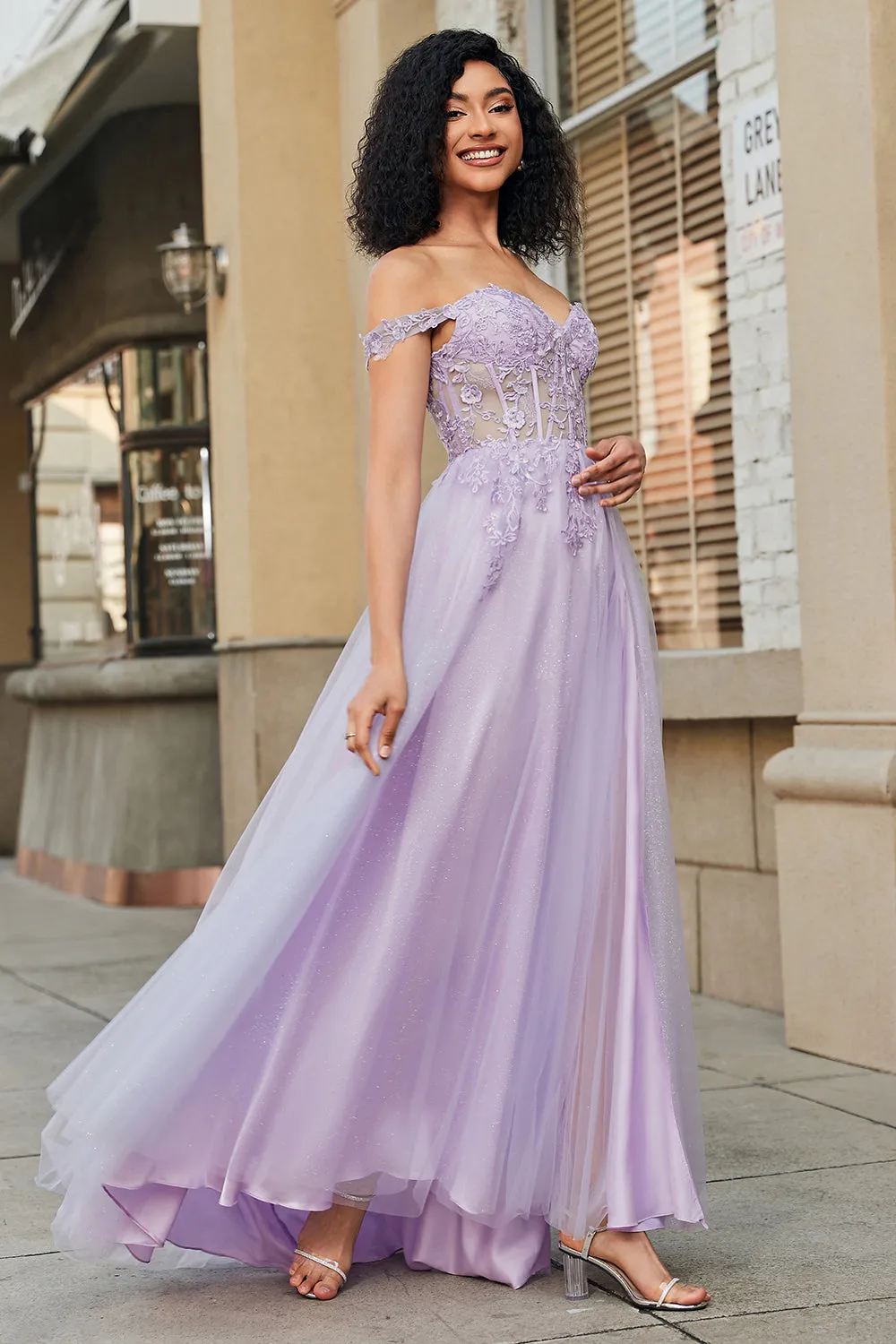 Gorgeous A Line Off the Shoulder Purple Corset Prom Dress with Appliques sold by Zapaka product image thumbnail 3
