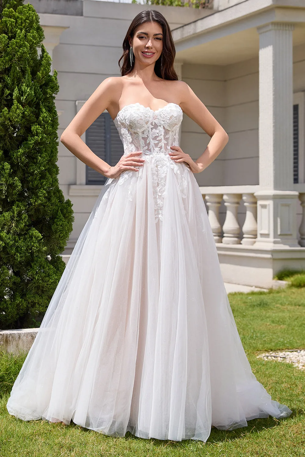 Sparkly White A Line Sweetheart Long Wedding Dress with Applique Lace sold by Zapaka