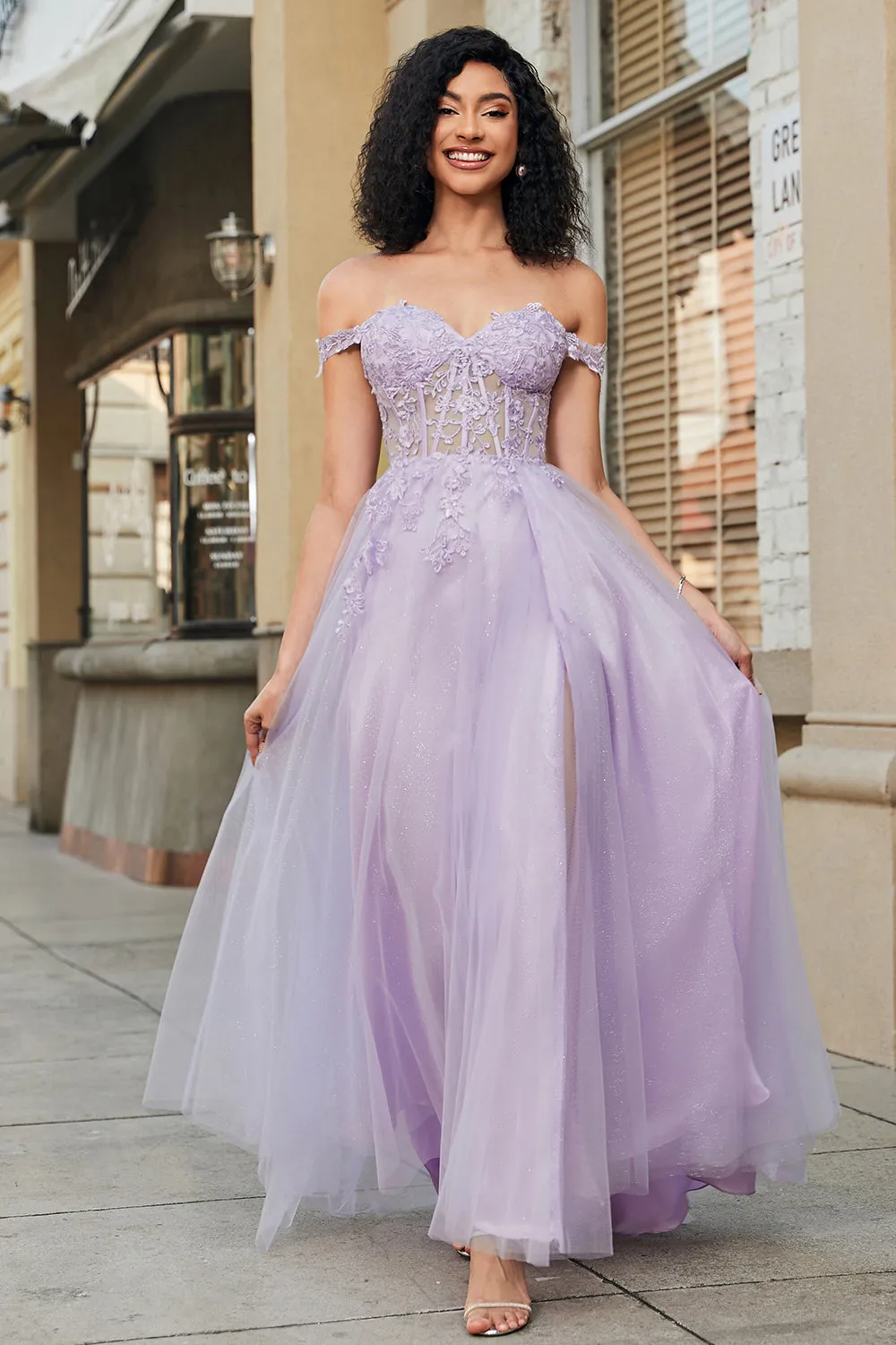 Gorgeous A Line Off the Shoulder Purple Corset Prom Dress with Appliques sold by Zapaka